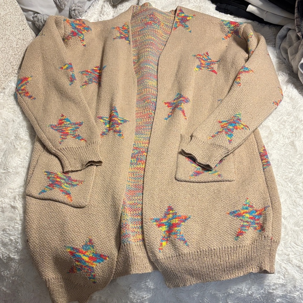 Multicolor Star Pattern Long Line Beige Sweater X… - image 1